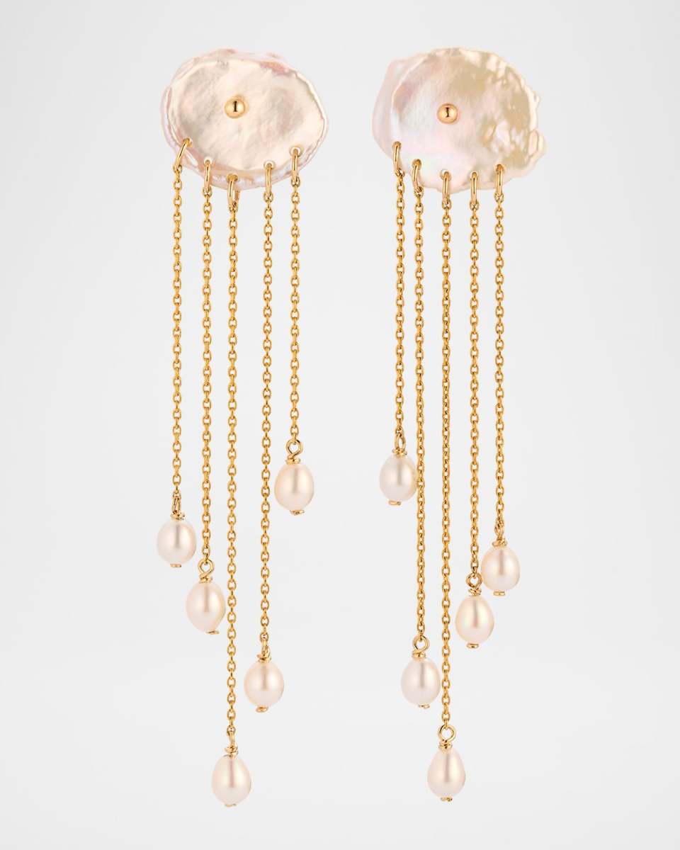 14K Yellow Gold Petal Pearl Dangle Earrings